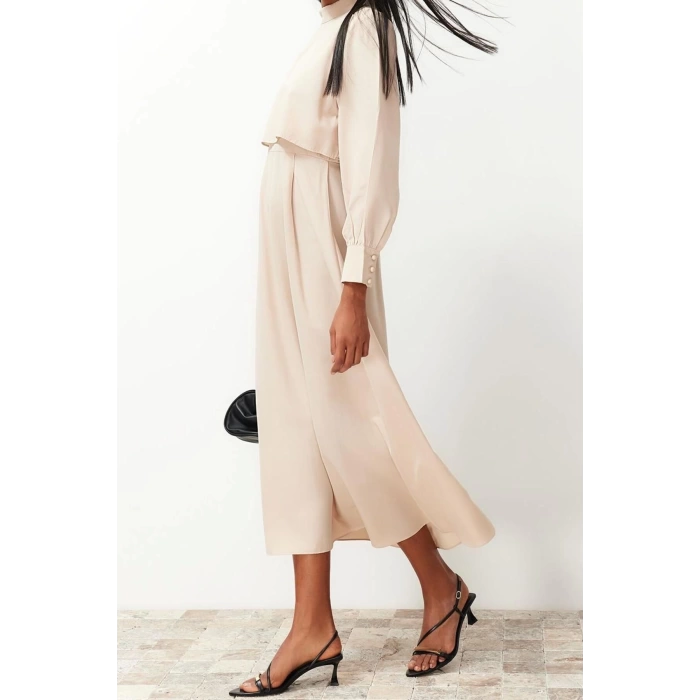 Moda Regular Casual Daily Terry Viscose Woven Stand Collar Long Sleeve A-Line Maxi Length Hijab Dress