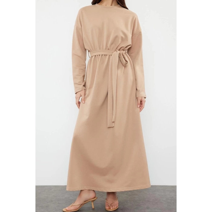 Fashion Comfortable Casual Daily 2 Yarn Woven Crew Neck Long Sleeve A-Line Maxi Length Hijab Dress