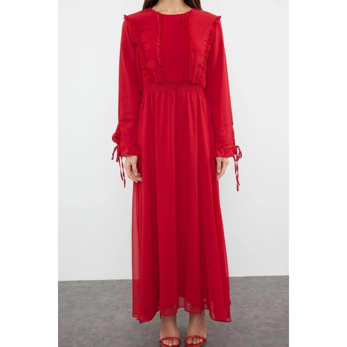 Fashion Casual Day Night Chiffon Woven Crew Neck Long Sleeve A-Line Maxi Length Hijab Dress