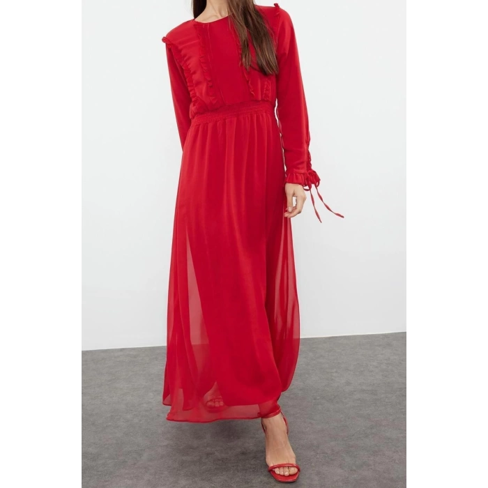 Fashion Casual Day Night Chiffon Woven Crew Neck Long Sleeve A-Line Maxi Length Hijab Dress