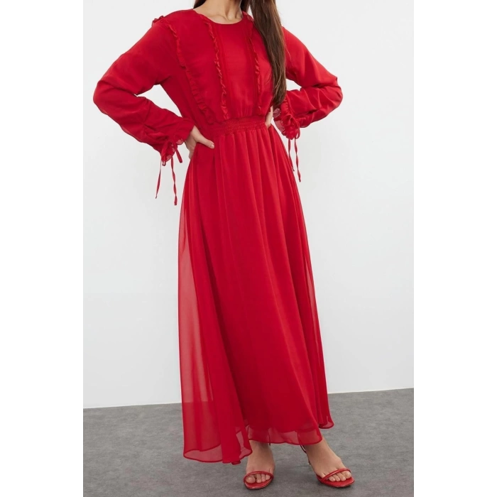 Fashion Casual Day Night Chiffon Woven Crew Neck Long Sleeve A-Line Maxi Length Hijab Dress