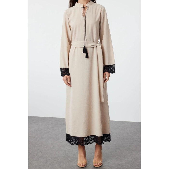 Fashion Comfortable Casual Daily Aerobin Woven Stand Collar Long Sleeve A-Line Maxi Length Hijab Dress