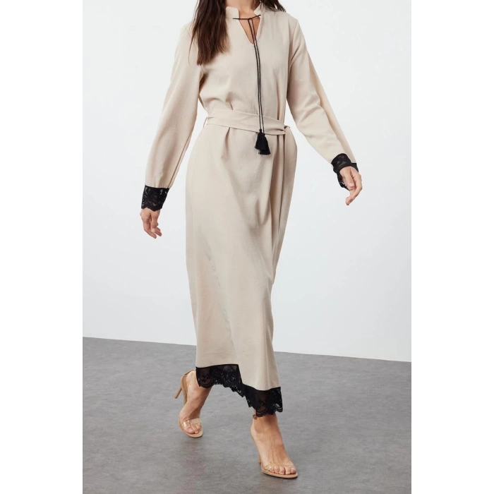 Fashion Comfortable Casual Daily Aerobin Woven Stand Collar Long Sleeve A-Line Maxi Length Hijab Dress