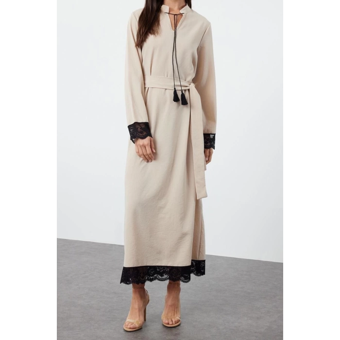 Fashion Comfortable Casual Daily Aerobin Woven Stand Collar Long Sleeve A-Line Maxi Length Hijab Dress