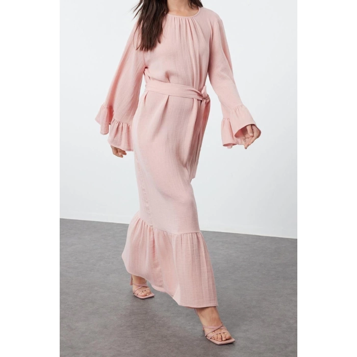 Fashion Casual Daily Muslin Woven Crew Neck Long Sleeve Ruffle Skirt Maxi Length Hijab Dress