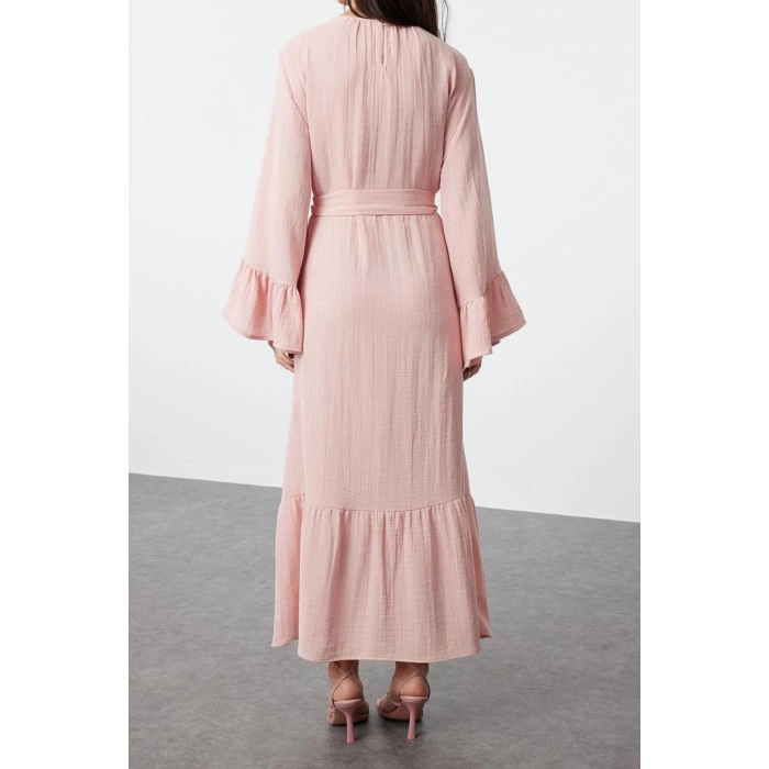 Fashion Casual Daily Muslin Woven Crew Neck Long Sleeve Ruffle Skirt Maxi Length Hijab Dress