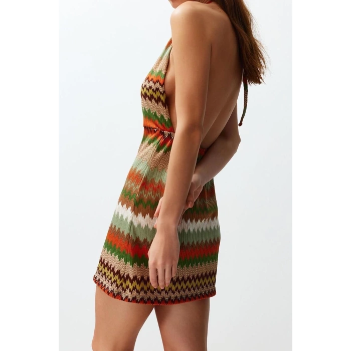 Fashion Slim Beach Casual Textured Knitted V Neck Strappy Sleeve Shift Mini Length Dress