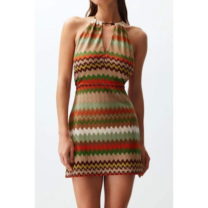 Fashion Slim Beach Casual Textured Knitted V Neck Strappy Sleeve Shift Mini Length Dress
