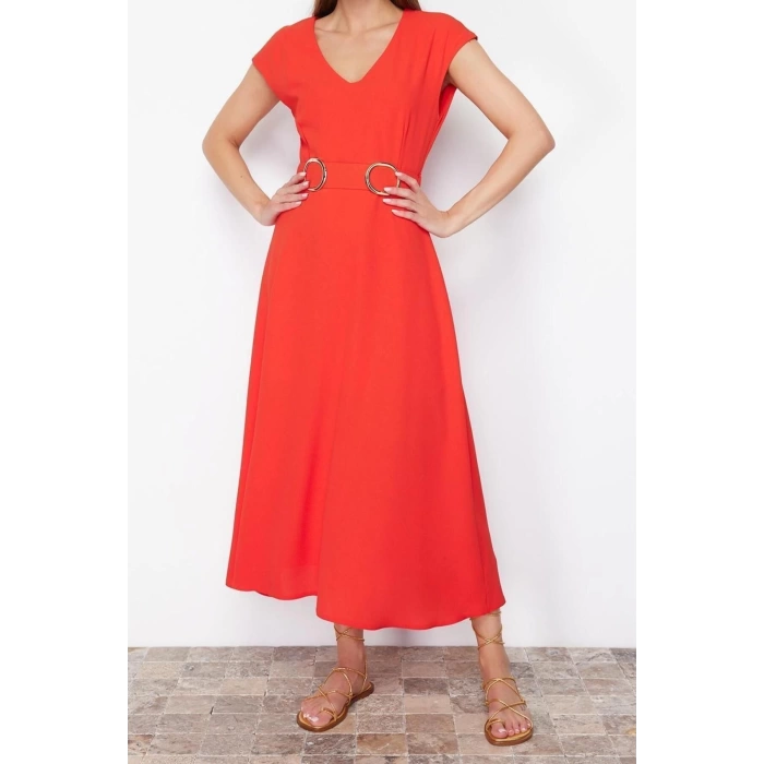 Moda Regular Business Crepe Woven V Neck Short Sleeve A-Line Midi Length Dress