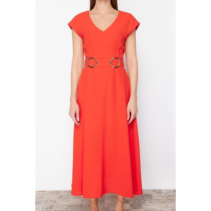 Moda Regular Business Crepe Woven V Neck Short Sleeve A-Line Midi Length Dress