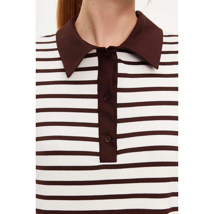 Fashion Regular Casual Daily 2 Yarn Non-raised Knitted Polo Collar Short Sleeve T-Shirt Dress Mini Length Dress