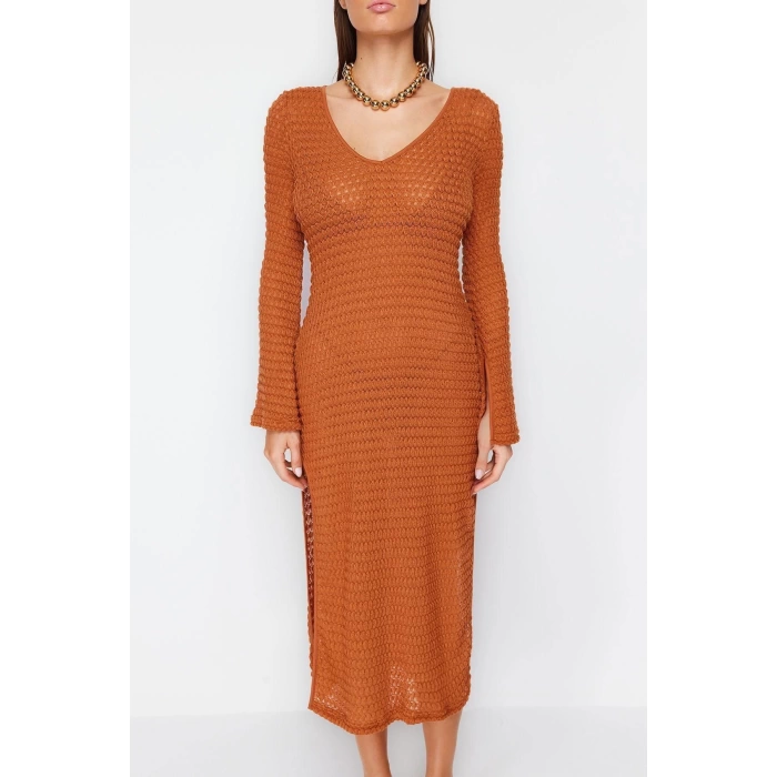 Fashion Regular Beach Casual Textured Knitted Cowl Neck Long Sleeve Bodycone Maxi Length Dress