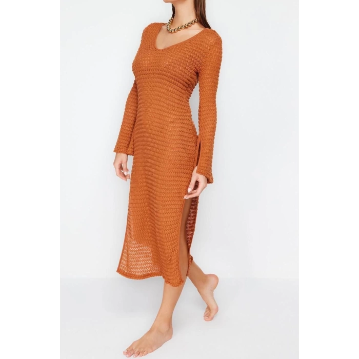 Fashion Regular Beach Casual Textured Knitted Cowl Neck Long Sleeve Bodycone Maxi Length Dress