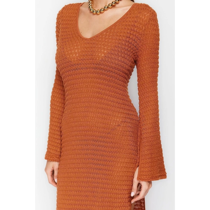 Fashion Regular Beach Casual Textured Knitted Cowl Neck Long Sleeve Bodycone Maxi Length Dress