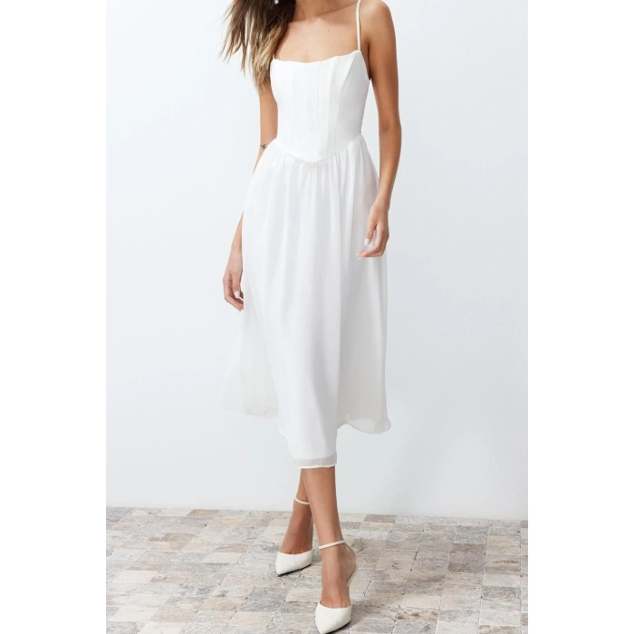 Fashion Fit Graduation Prom Chiffon Woven Square Neck Strap Sleeve Skater Midi Length Dress