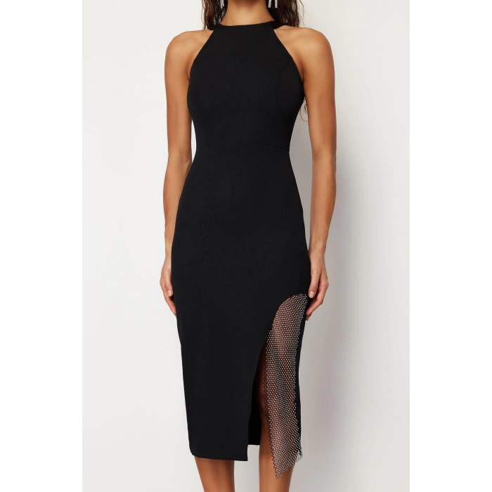 Fashion Fit Graduation Prom Finike Woven Halter Neck Sleeveless Sleeve Bodycone Midi Length Dress