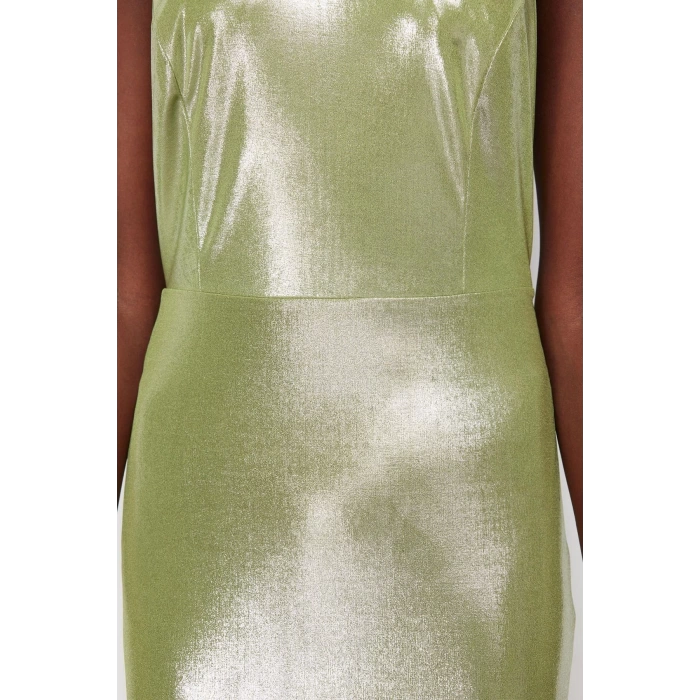 Moda Fit Mezuniyet Balo Metalik Kumaş Örme Halter Yaka Kolsuz Kol Bodycone Midi Boy Elbise