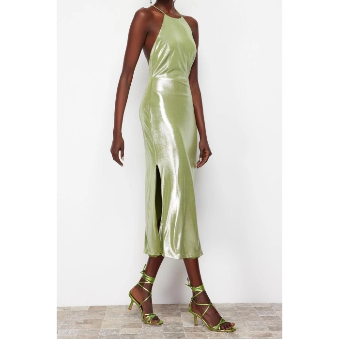 Moda Fit Mezuniyet Balo Metalik Kumaş Örme Halter Yaka Kolsuz Kol Bodycone Midi Boy Elbise