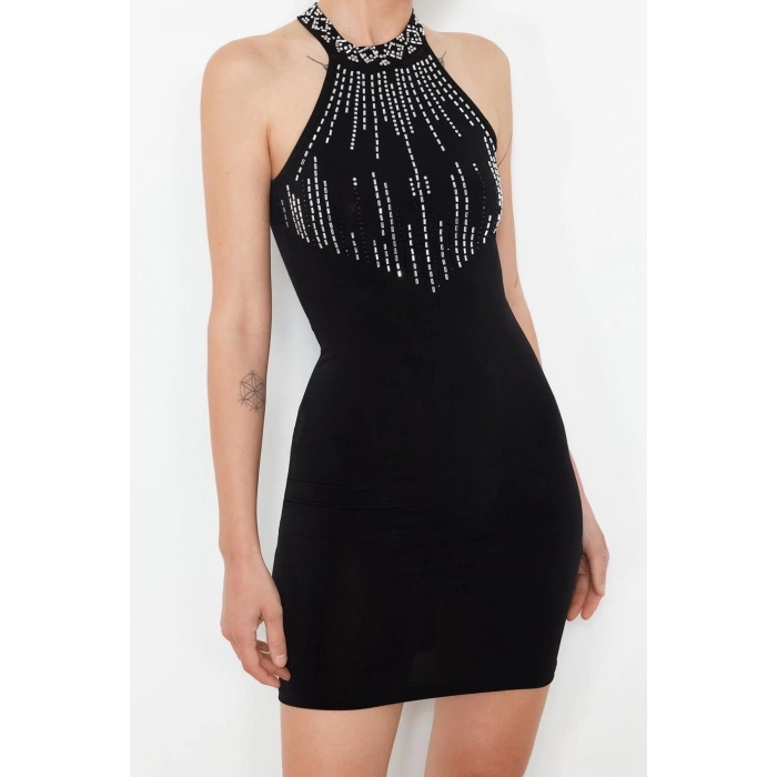 Moda Fit Plaj Günlük Payet Örme Bisiklet Yaka Uzun Kol Shift Mini Boy Elbise