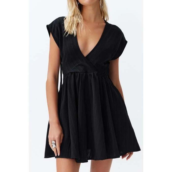 Moda Fit Mezuniyet Balo Finike Dokuma Carmen Yaka Askılı Kol Bodycone Mini Boy Elbise
