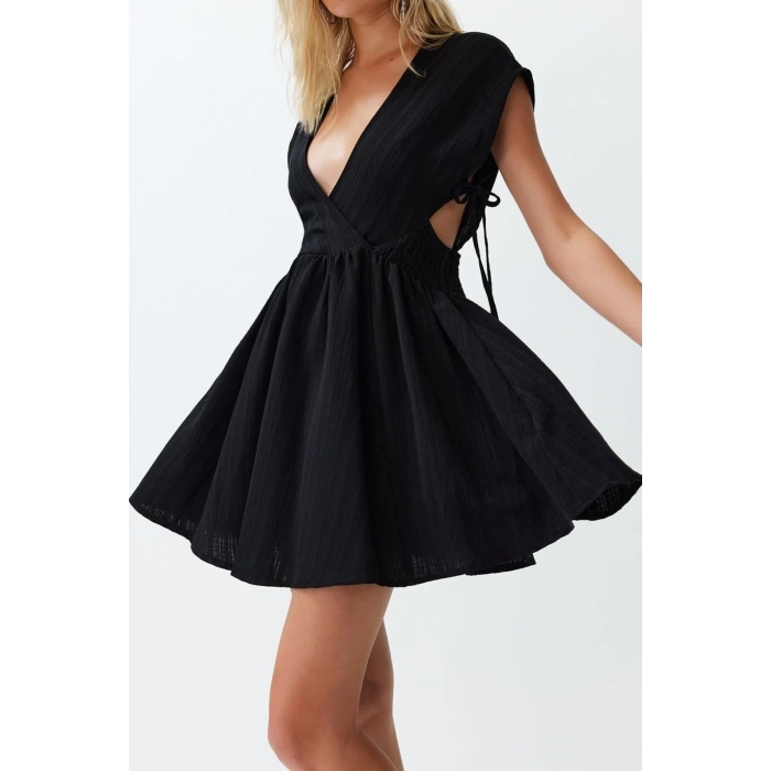 Moda Fit Mezuniyet Balo Finike Dokuma Carmen Yaka Askılı Kol Bodycone Mini Boy Elbise