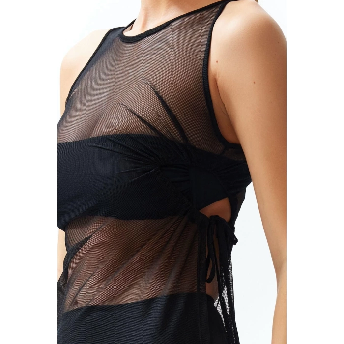 Fashion Fit Beach Casual Mesh Knitted Square Neck Sleeveless Sleeve Bodycone Maxi Length Dress