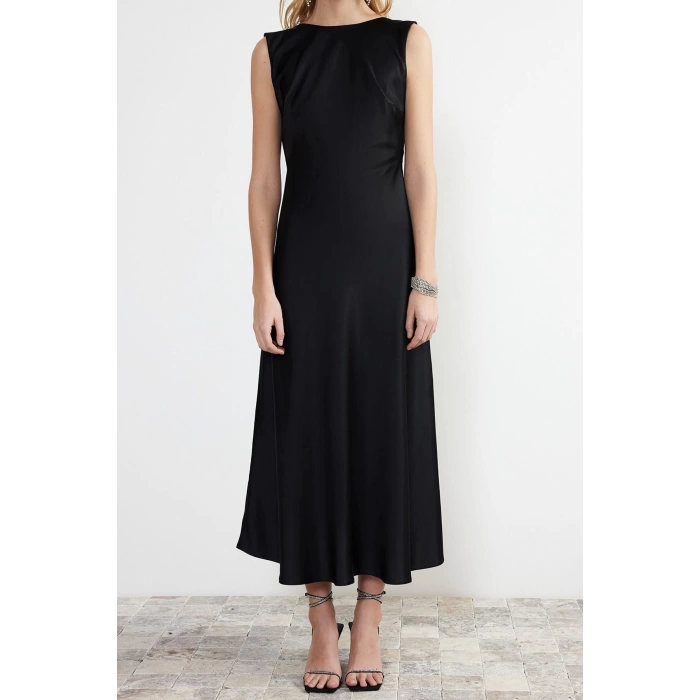 Fashion Fit Graduation Prom Satin Woven Crew Neck Sleeveless Sleeve Shift Maxi Length Dress