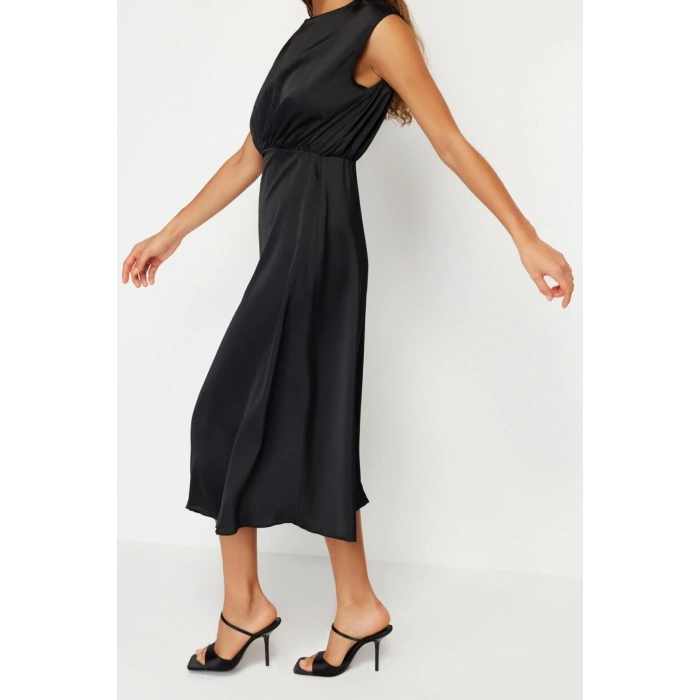 Fashion Fit Graduation Prom Satin Woven Crew Neck Sleeveless Sleeve Skater Maxi Length Dress