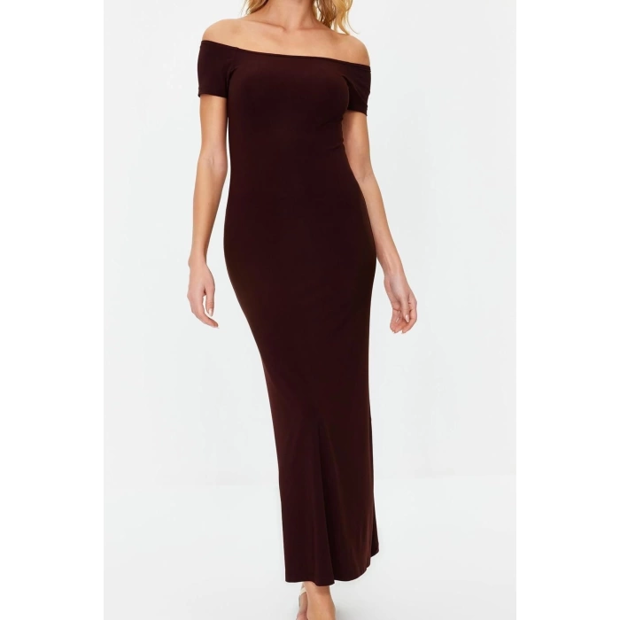 Fashion Slim Casual Daily Thick Sandy Knitted Carmen Collar Short Sleeve Bodycone Maxi Length Dress