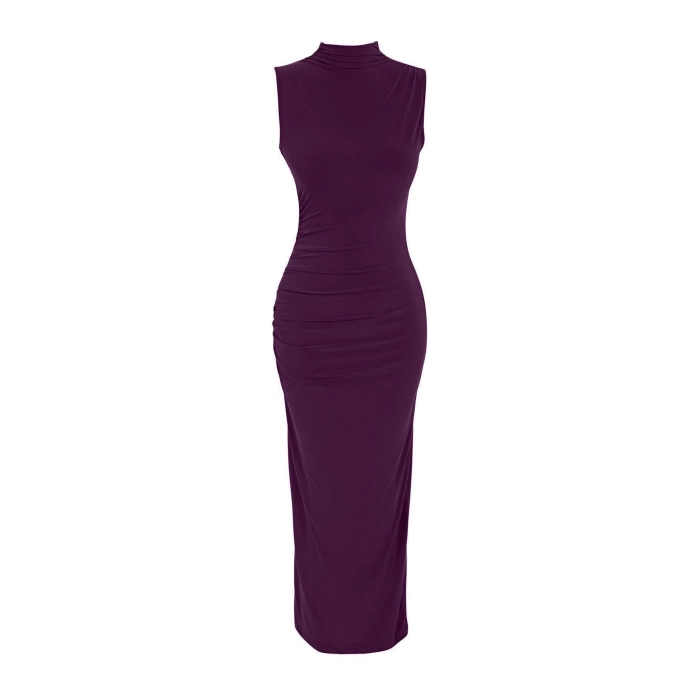 Moda Slim Casual Günlük Kalın Sandy Örme Dik Yaka Kolsuz Kol Bodycone Maxi Boy Elbise