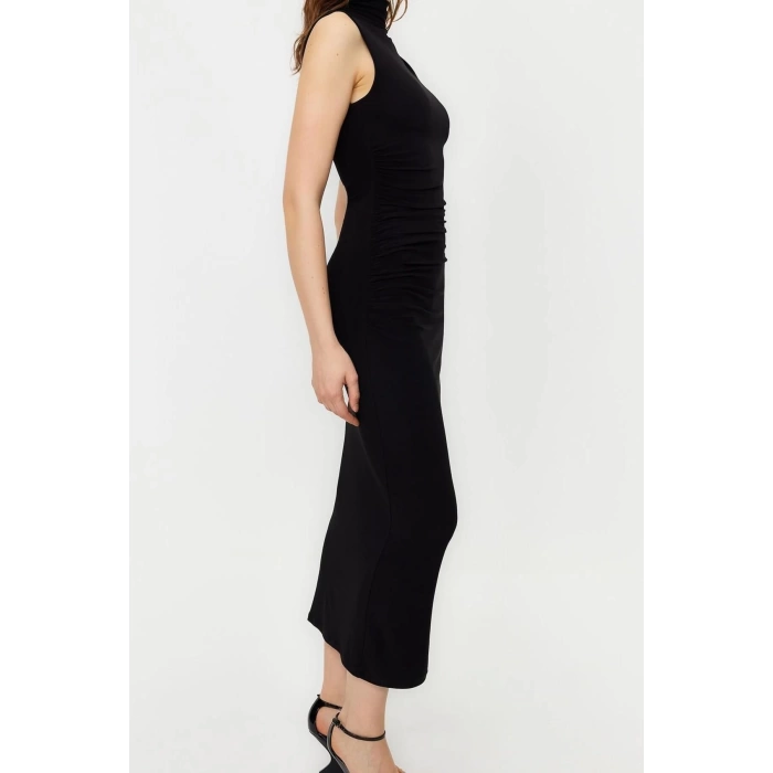Moda Slim Casual Günlük Kalın Sandy Örme Dik Yaka Kolsuz Kol Bodycone Maxi Boy Elbise
