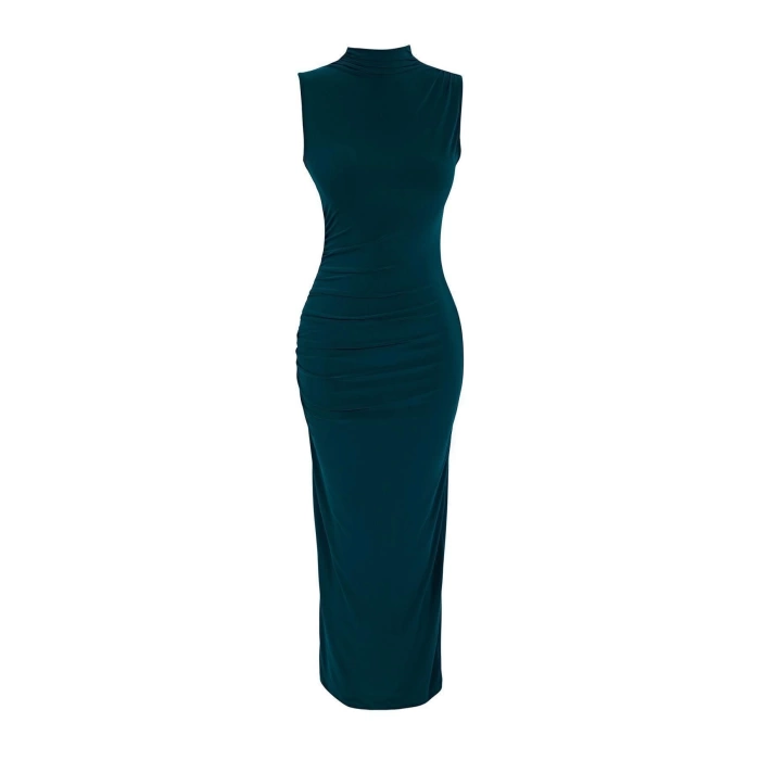 Moda Slim Casual Günlük Kalın Sandy Örme Dik Yaka Kolsuz Kol Bodycone Maxi Boy Elbise