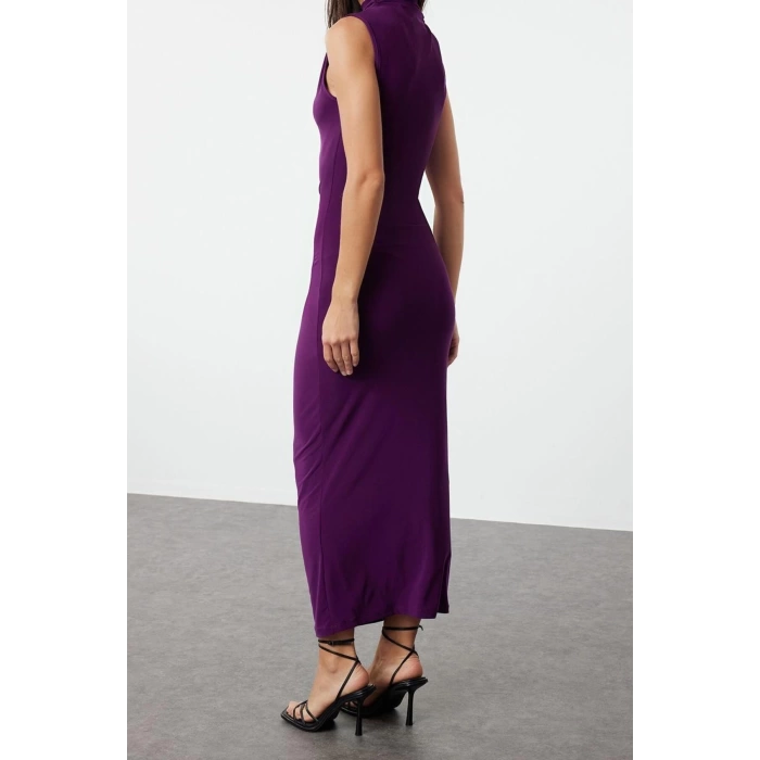 Moda Slim Casual Günlük Kalın Sandy Örme Dik Yaka Kolsuz Kol Bodycone Maxi Boy Elbise