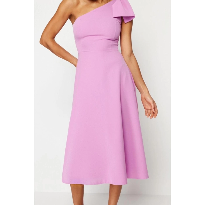 Fashion Fit Wedding Nikah Finike Woven Asymmetrical Collar Sleeveless Sleeve Skater Midi Length Dress