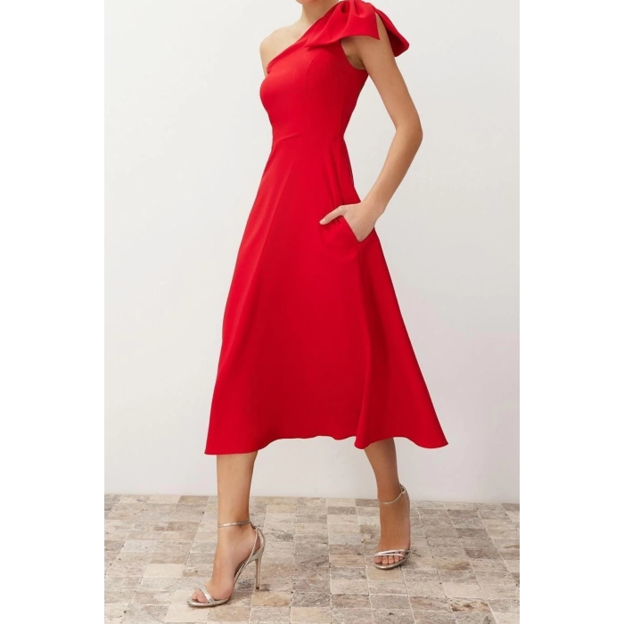 Fashion Fit Wedding Nikah Finike Woven Asymmetrical Collar Sleeveless Sleeve Skater Midi Length Dress