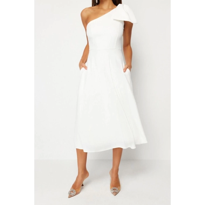 Fashion Fit Wedding Nikah Finike Woven Asymmetrical Collar Sleeveless Sleeve Skater Midi Length Dress