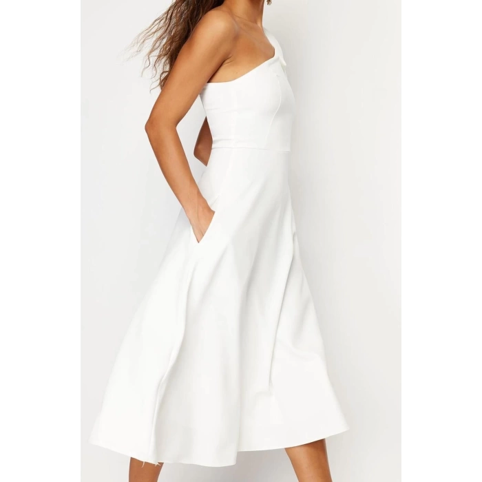 Fashion Fit Wedding Nikah Finike Woven Asymmetrical Collar Sleeveless Sleeve Skater Midi Length Dress