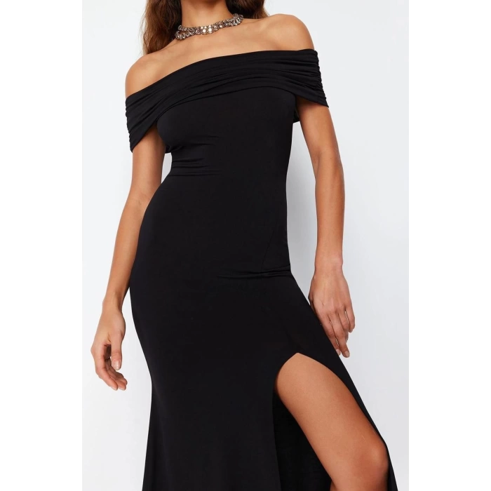 Fashion Fit Graduation Prom Sandy Knitted Carmen Collar Short Sleeve Shift Midi Length Dress