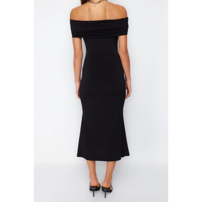 Fashion Fit Graduation Prom Sandy Knitted Carmen Collar Short Sleeve Shift Midi Length Dress