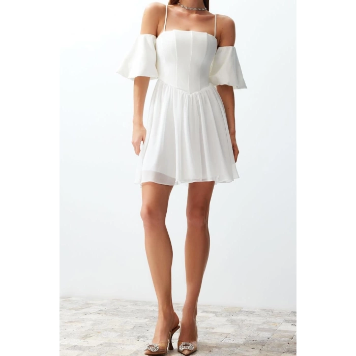 Fashion Fit Wedding Nikah Finike Woven Carmen Collar Short Sleeve Skater Mini Length Dress