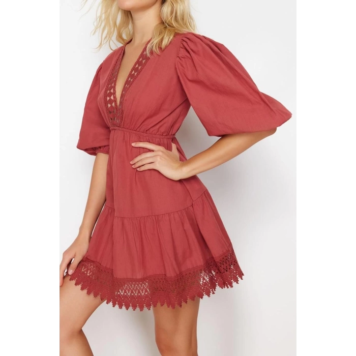 Fashion Fit Wedding Nikah Finike Woven Carmen Collar Short Sleeve Skater Mini Length Dress