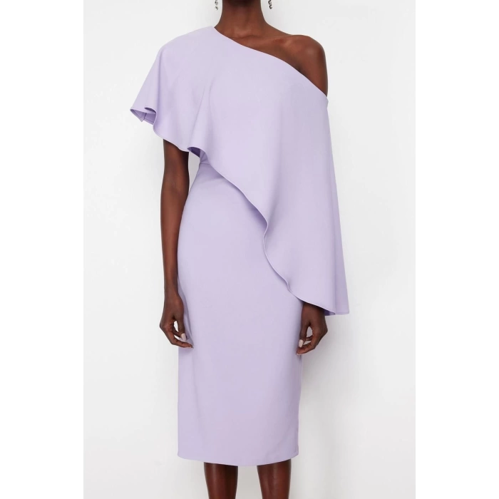 Fashion Fit Graduation Prom Finike Woven Asymmetrical Neck Short Sleeve Bodycone Midi Length Dress