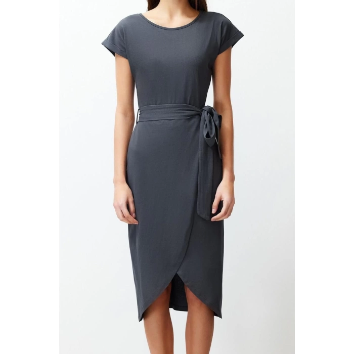 Fashion Fit Graduation Prom Finike Woven Asymmetrical Neck Short Sleeve Bodycone Midi Length Dress