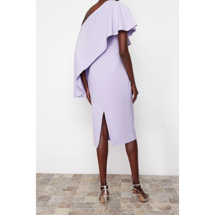 Fashion Fit Graduation Prom Finike Woven Asymmetrical Neck Short Sleeve Bodycone Midi Length Dress