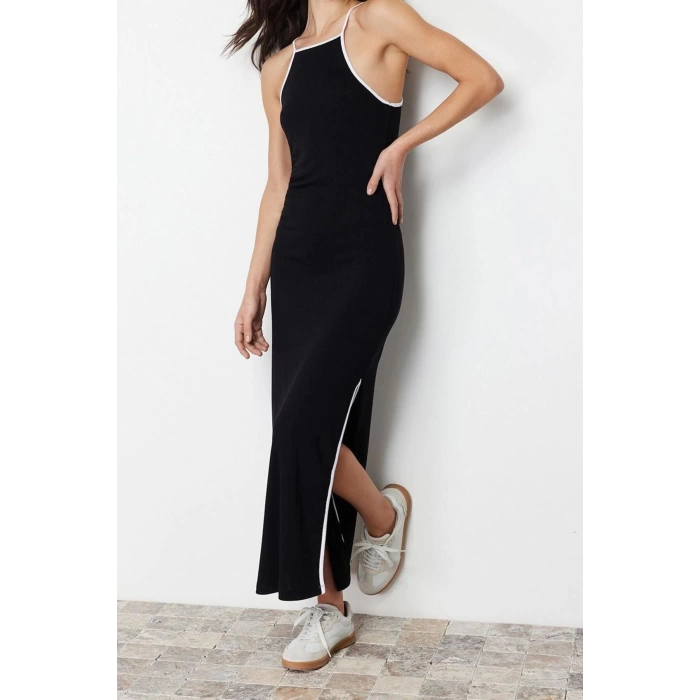 Fashion Slim Casual Daily Rib Camisole Knitted Square Neck Strappy Sleeve Bodycone Maxi Length Dress