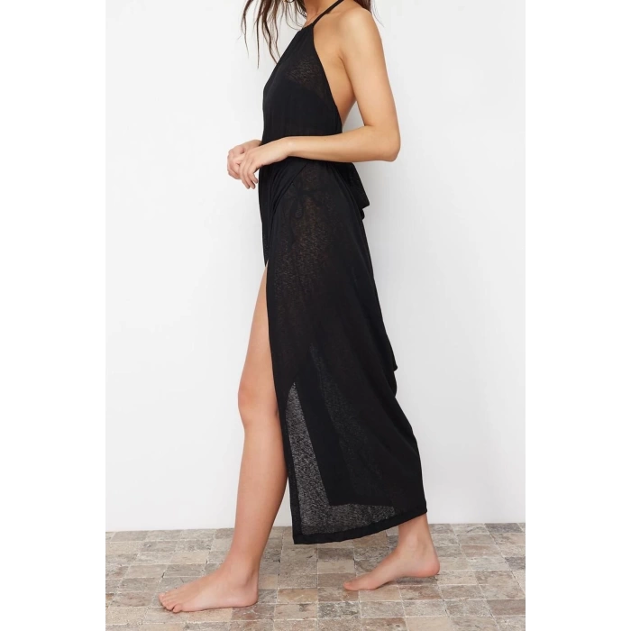 Moda Fit Beach Casual Yoryo Chiffon Knitted Halter Neck Strap Sleeve Shift Maxi Length Dress