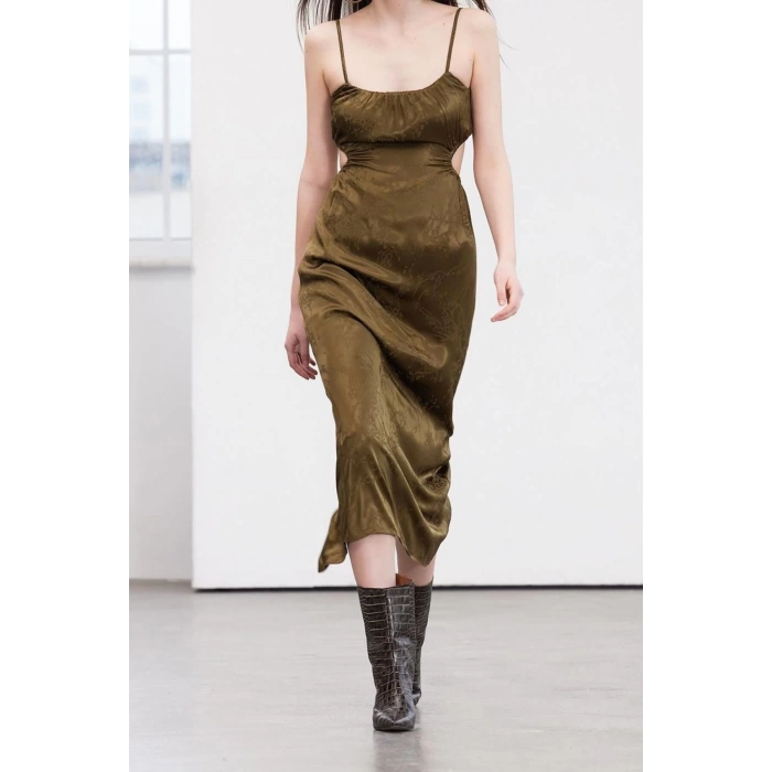 Fashion Fit Graduation Prom Satin Woven Square Neck Halter Sleeve Shift Midi Length Dress
