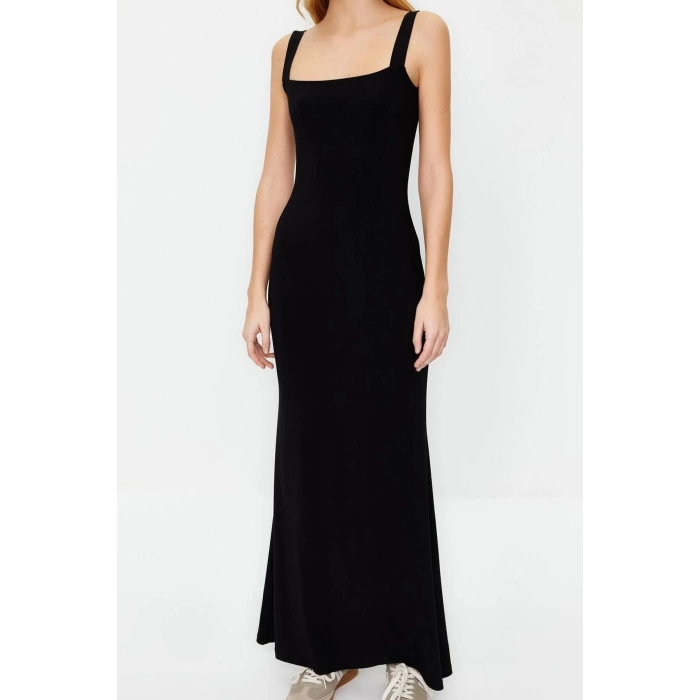 Fashion Slim Casual Daily Thick Sandy Knitted Square Neck Strappy Sleeve Bodycone Maxi Length Dress