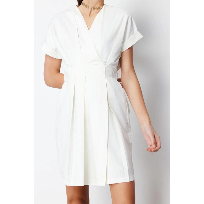 Moda Regular Day Night Poplin Woven Double Breasted Short Sleeve A-Line Mini Length Dress