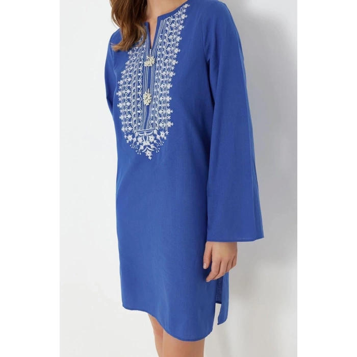 Fashion Casual Beach Daily Flamenco Cotton Woven Half Turtleneck Long Sleeve Basic Maxi Length Dress